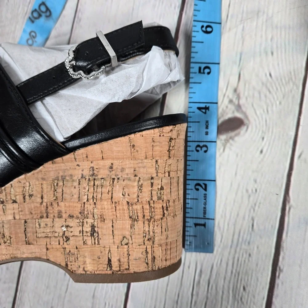 Sam & Libby Black‎ Leather Cork Platform Wedge Sandals Size 9